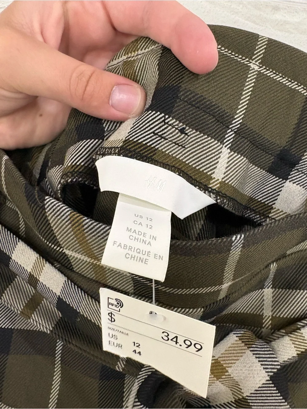 H&M Olive and Cream Plaid Midi Skirt with Tie Waist